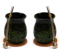 Juego de vasos de té mate para dos | cerámica yerba mate taza de té Roches Calebasse Taza 360 ml | Pajita de acero con anillo de refrigeración Acero inoxidable Staw | Almohadilla de corcho | Kit de