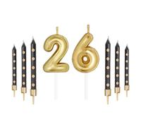 Juego de Velas de Números Dorados Con Puntos Negros para Pasteles de Cumpleaños 26/62 - Decoración de Fiesta para Niñas, Niños, Mujeres y Hombres