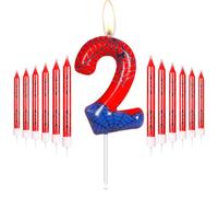 Juego de velas personalizadas para pastel de segundo cumpleaños, velas azules y rojas con telaraña, velas número 2 de araña para tartas, velas de fiesta temática de araña para niños y niñas