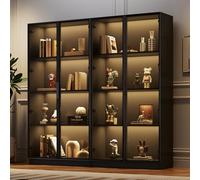 Juego de vitrinas de vidrio de 2 piezas con iluminación LED de aplicación, doble puerta vitrinas de pie 80 x 40 x 160 cm, vitrinas negras para sala de estar, estantes ajustables, decoración del hogar