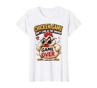 Juego del Pollo No mires el Pollo - Broma Divertida sobre el Camiseta gráfica económica, Mujer, Blanco, M