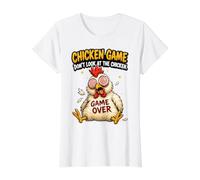 Juego del Pollo No mires el Pollo - Broma Divertida sobre el Camiseta gráfica económica, Mujer, Blanco, M