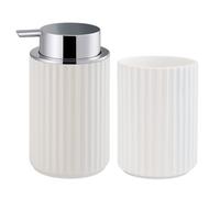 Juego dispensador jabon baño y Vaso, dispensador de jabón y portacepillos para baño Moderno 300ml, Accesorios Cocina y baño, jabón líquido y Gel Recargable, Botella de jabón (Blanco y Plateado)