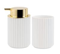 Juego dispensador jabon baño y Vaso, dispensador de jabón y portacepillos para baño Moderno 300ml, Accesorios Cocina y baño, jabón líquido y Gel Recargable, Botella de jabón (Blanco y Dorado)