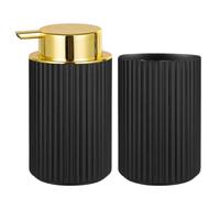 Juego dispensador jabon baño y Vaso, dispensador de jabón y portacepillos para baño Moderno 300ml, Accesorios Cocina y baño, jabón líquido y Gel Recargable, Botella de jabón Negro y Dorado