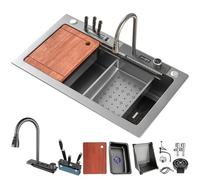 Juego Doméstico Nano Waterfall, Fregadero Individual para Verduras, Color Negro-Gris con Grifo Extraíble, Lavadora de Vasos a Presión (Dorada, 75 Cm/29,5" Premium)/Gris/80 Cm/31,4"_Actualización