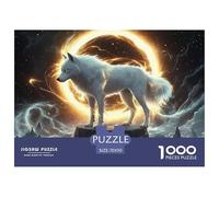 Juego Educativo de 1000 Piezas: Lobo sobre una Roca Dentro de un Anillo Luminoso para Adultos y Adolescentes. Tablero Premium 100% Reciclado, 70 x 50 cm, 1000 Piezas.