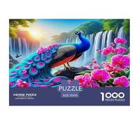 Juego Educativo de 1000 Piezas Pavo Real: Cascada y Flores Rosas para Adultos y Adolescentes. Tablero Premium 100% Reciclado, 70 x 50 cm (1000 Piezas).