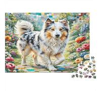 Juego Educativo de Puzzle Old English Sheepdog: Aussie Merle en Jardín de Flores para Adultos Adolescentes Mayores de 12 Años 38x26cm/1000pcs