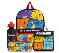 Juego escolar de 4 piezas de mochila de Pokémon, incluye fiambrera, botella de agua y estuche para lápices, correa acolchada ajustable, bolsillo lateral de malla, juego de mochila de regreso a clases