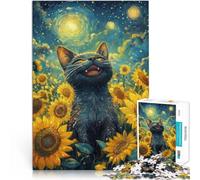 Juego Familiar para y Gato Negro Feliz en un Campo de Girasoles Puzzles de 1000 Piezas para Adolescentes 26x38cm Regalos de Amigo Secreto Apto para Mayores de 14 años.