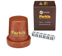 Juego Farkle Travel Luxury Edition de RNK Gaming con cubilete de dados de cuero sintético marrón