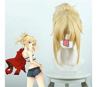 Juego Fate Apocrypha Mordred Cosplay Peluca 40Cm Largo Luz Dorada Resistente al calor Pelucas de pelo sintético Pelucas + Gorro de peluca 235G