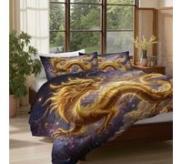 Juego Funda Nórdica Cama Fantasía Mitología - Funda Edredón Oro 200x200 cm y 2 Fundas de Almohada 50x75 cm, Reversible Dragón Dorado Cielo Estrellado Estampado Ropa de Cama con Cremallera Oculta