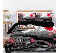 Juego Funda Nórdica Cama Rojo 2 Piezas, Reversible Juego de Cama con Estampado Cerezos En Flor Pagoda Monte Fuji, Suave y Transpirable Estilo Japonés Pintura con Tinta Funda Nordica 135x200 cm