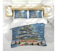 Juego Funda nórdica Estilo Cuento Hadas Patrón Trineo Santa y Reno árbol Navidad Juego Ropa Cama 3 Piezas con Cremallera 2 Fundas Almohada 155x220 cm