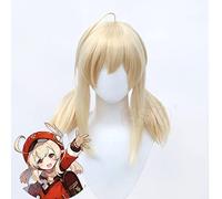 Juego Genshin Impactar Klee Cosplay Pelucas Beige Doble Cola de Caballo Fibra Corta Peluca sintética + Marca Wig Net