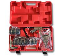 Juego herramientas para ceñir y segmentar aros de pistón con ceñidores de 75 mm (53-125 mm), 100 mm (90-175 mm) y 150 mm (90-175 mm), tenaza para segmentos de 50-100 mm y adaptadores.