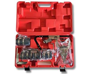 Juego herramientas para ceñir y segmentar aros de pistón con ceñidores de 75 mm (53-125 mm), 100 mm (90-175 mm) y 150 mm (90-175 mm), tenaza para segmentos de 50-100 mm y adaptadores.
