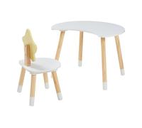 [en.casa] Juego Mesa y Silla Infantil Lallega Diseño Atractivo Respaldo en Forma de Estrella Tablero en Forma de Luna Conjunto de 2 Piezas para Niños Niñas MDF/Pino 44x60x50 cm - Blanco y Amarillo