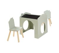 [en.casa] Juego Mesa y Sillas Infantiles Romso Mesa y Respaldo de Silla en Forma de Casa Conjunto Decorativo de 3 Piezas Tableros Inclinados de Tiza MDF 59 x 61 x 59 cm Verde Menta/Negro/Natural