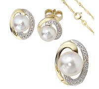 Juego Joyas Nuevo Oro 585 Bicolor 3 Perlas 4 Diamantes Aros Colgante Collar 42cm