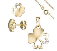 Juego Joyas Trébol de 333 Oro Oro Amarillo 7 Circonitas Pendientes y Cadena 45cm