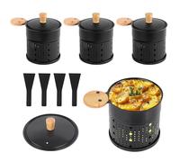 Juego Mini Parrillas para Raclette, 4 Piezas con Tapa Fondue Portátil para Queso y Chocolate, Base para Velas (No Incluidas), Antiadherente, Asas de Madera, Fácil Limpieza