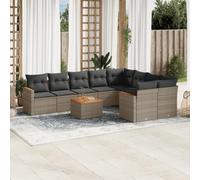 Juego modular de jardín de 10 piezas gris con cojines, mesa de jardín de madera de acacia, ratán PE, bolsa de almacenamiento impermeable, fundas lavables extraíbles
