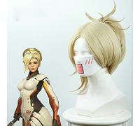 Juego OW Angela Ziegler Mercy Blonde 30cm Pelo sintético resistente al calor Accesorios de cosplay Fiesta de Halloween + Gorra de peluca gratis