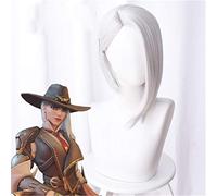 Juego OW Ashe Cosplay Peluca 35cm Corto Lacio Corto Pelo sintético Ow Juego Pelucas Plateado-blanco Disfraz Fiesta Juego de roles Peluca + gorra de peluca