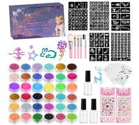 Juego para niños con tatuajes con purpurina, juego de tatuajes con purpurina de 36 colores para niños con 30 pegatinas luminosas de dibujos animados, kit de arte corporal para fiestas fácil, tatuaje