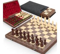 Juego Premium de Ajedrez y Damas Magnético de Nogal de 38 cm - Tablero de Juego de Madera Plegable 2 en 1 con Figuras Staunton, 2 Damas Adicionales, Fichas y Bolsa para el Polvo