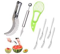 Juego Premium para tallar fruta: Rebanador de patilla de acero inoxidable, sacabocado de melón y cuchillo de fruta 2-en-1 y un rebanador de aguacate - Bono: 5 tenedores de fruta de acero inoxidable