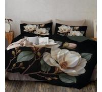Juego Ropa Cama De Flores De Magnolia con Hojas Verdes Impresión 3D,Juego Ropa Cama De Plantas De Pintura Al Óleo 3 Piezas,Juego De Funda De Edredón De Microfibra con Cremallera 220X240Cm Beige