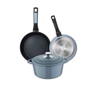 Juego de 2 Sartenes de Ø20Ø26cm Aluminio prensado + Cacerola con tapa Ø25,5x12cm (5L) en Hierro fundido color Azul NOIA San Ignacio