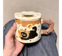 Juego Tazas de Café con Diseño Gato y Fresas Rojas, Botella de Agua con Asa, Vaso Tapa, Regalos Para Mujeres Para Cumpleaños, Taza de Té 400 Ml, Porcelana, Microondas(Brown)