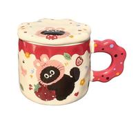Juego Tazas de Café con Diseño Gato y Fresas Rojas, Botella de Agua con Asa, Vaso Tapa, Regalos Para Mujeres Para Cumpleaños, Taza de Té 400 Ml, Porcelana, Microondas(Red)