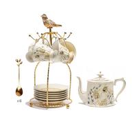 Juego Té Tetera CeráMica DiseñOs Florales 850 Ml Con Portavasos Dorado Forma PáJaro Set 6 Para Tarde PreparacióN Suelta-A