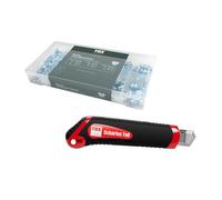 Juego TOX con surtido de engrasadores (110 piezas) + cúter con 2 cuchillas de repuesto, engrasadores en caja de transporte y 10 tamaños habituales M6, M8 y M10, en versiones A, B y C, 094909158