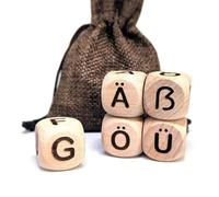 Juego único de dados de letras alemanas, 5 dados de madera (20 mm) con 26 mayúsculas y 4 caracteres especiales, grabado láser, viene con una bolsa de almacenamiento de lino