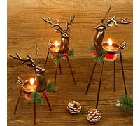Juegoal Juego de 3 portavelas de Reno, decoración navideña de Metal de Hierro de pie, portavelas votivo de Cristal, Duradero y Resistente al óxido, Centro de Mesa y exhibición