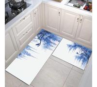 Juegos De 2 Alfombras De Cocina Elegantes Flores Glicina Pájaros, 40X60+40X120Cm Alfombras Lavables Antifatiga, Tapetes Antideslizantes Plantas Orientales Azul Blanco Para Cocina Lavandería Fregadero