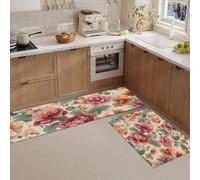 Juegos De 2 Alfombras De Cocina Escena Casa Campo Flores Acuarela, 40X60+40X120Cm Alfombras Lavables Antifatiga, Tapetes Antideslizantes Plantas Bohemias Beige Rojo Para Cocina Lavandería Fregadero