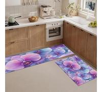 Juegos De 2 Alfombras De Cocina Orquídea Phalaenopsis Acuarela, 44X75+44X120Cm Alfombras Lavables Antifatiga, Tapetes Antideslizantes Planta De Ensueño Morado Claro Para Cocina Lavandería Fregadero