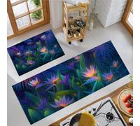 Juegos De 2 Alfombras De Cocina Plantas Tropicales Neón, 40X60+40X120Cm Alfombras Lavables Antifatiga, Tapetes Antideslizantes Misteriosa Del Paraíso Azul Profundo Para Cocina Lavandería Fregadero