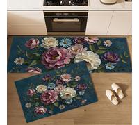 Juegos De 2 Alfombras De Cocina Ramo De Peonías Rococó, 43X75+43X150Cm Alfombras Lavables Antifatiga, Tapetes Antideslizantes Pintura Al Óleo Vintage Azul Oscuro Para Cocina Lavandería Fregadero