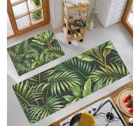 Juegos De 2 Alfombras De Cocina Selva De Palmeras Tropicales, 43X75+43X150Cm Alfombras Lavables Antifatiga, Tapetes Antideslizantes Hojas Naturales Verde Bosque Para Cocina Lavandería Fregadero