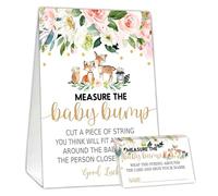 Juegos de baby shower miden el juego Baby Bump, tema floral de animales de madera, qué tan grande es el vientre de mamá. 1 cartel y 50 tarjetas de adivinanza.