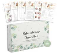 Juegos de baby shower, paquete de 6 juegos, eucalipto, selva, safari, bebé, niña, paquete de 10 invitados (oso de peluche)
